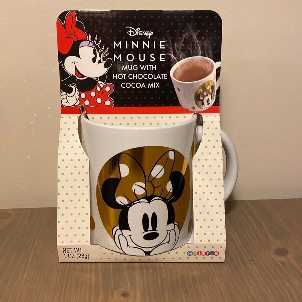 Disney Minnie Mouse Gold Metallic Oversized Ceramic Mug with Hot Cocoa Mix NIB